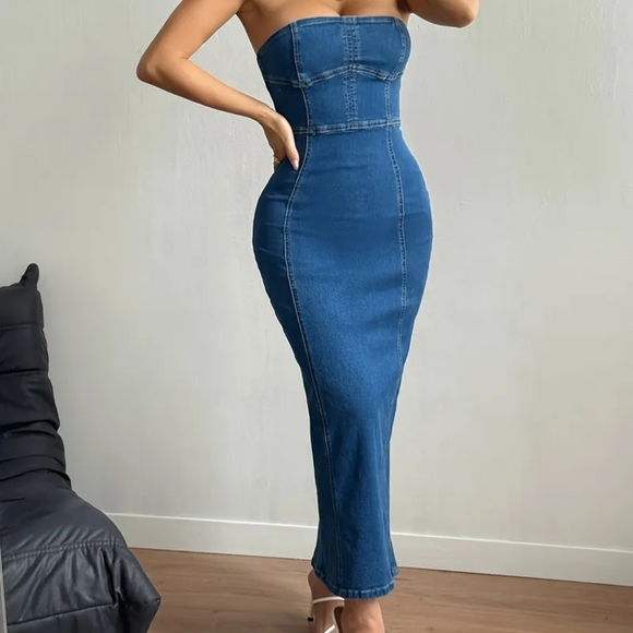SHEIN Dresses & Skirts - Strapless Denim Maxi Dress ✨ Bodycon Blue Jean Dress | Small